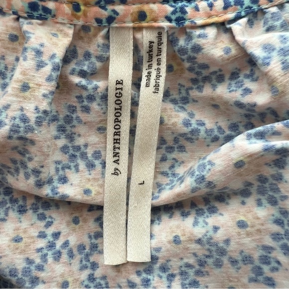 By Anthropologie Ruffle Short Sleeve Mini Dress Blue Floral Tie Waist Size Large - Picture 10 of 11